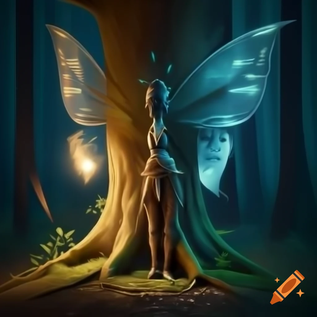 Photorealistic 3D render of a fairy beside a tree in a forest, raytracing