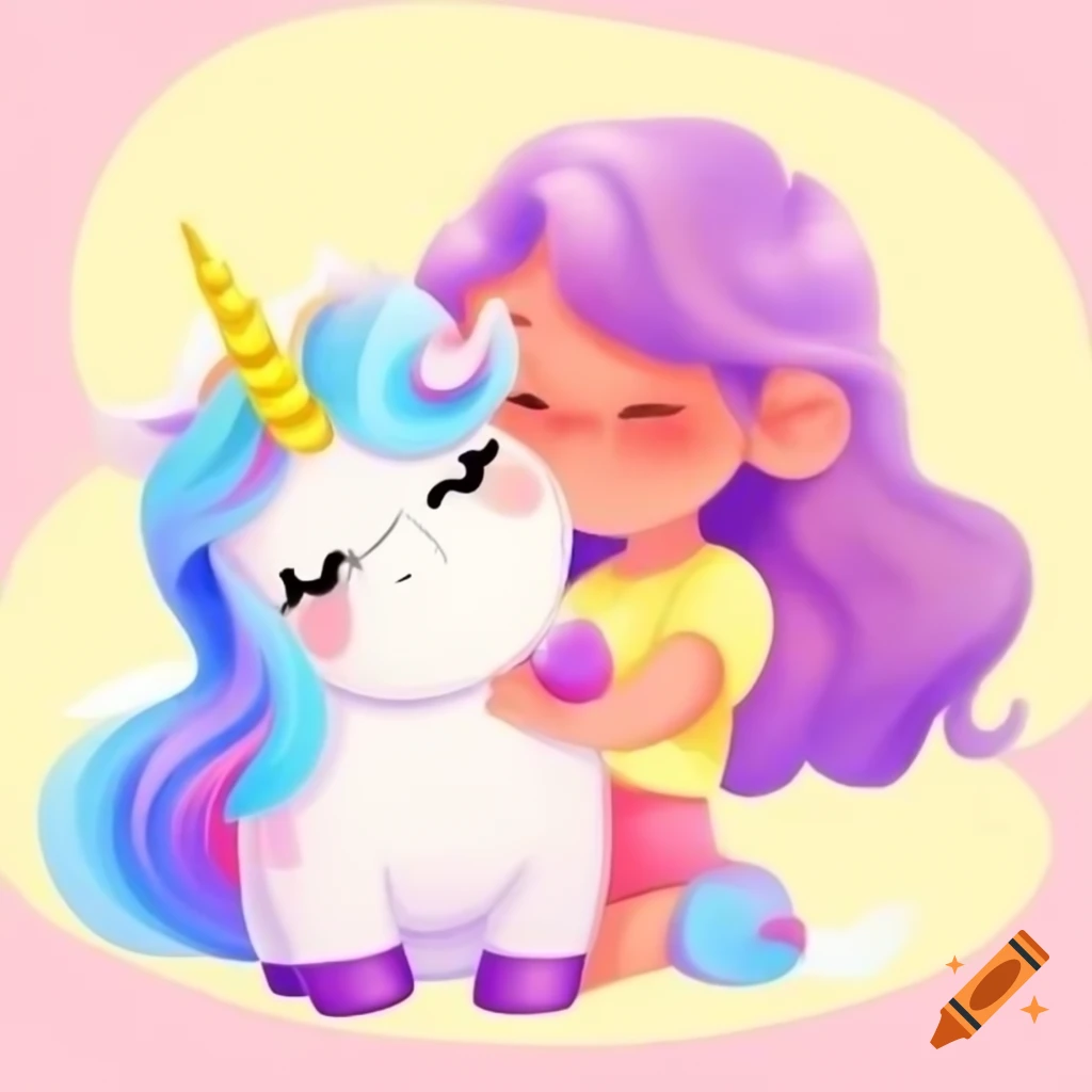Cartoon girl with long hair hugging a cartoon unicorn