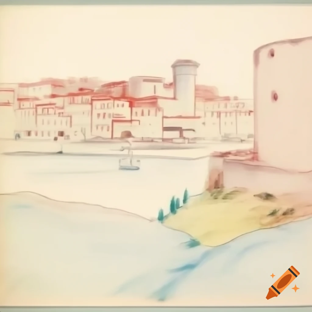Color sketch of Vieilles Infirmeries fort in Marseille, 1800s