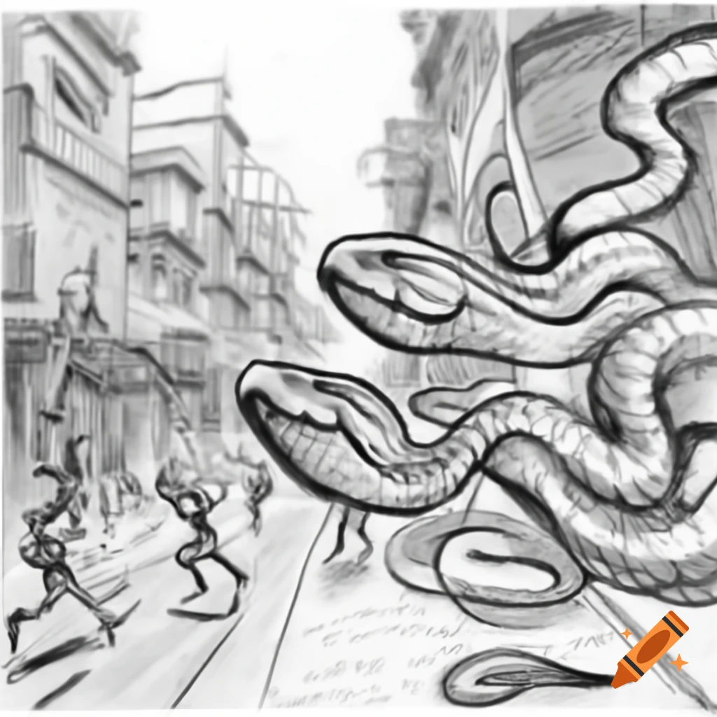 Rough sketch of snakes on street with people fleeing