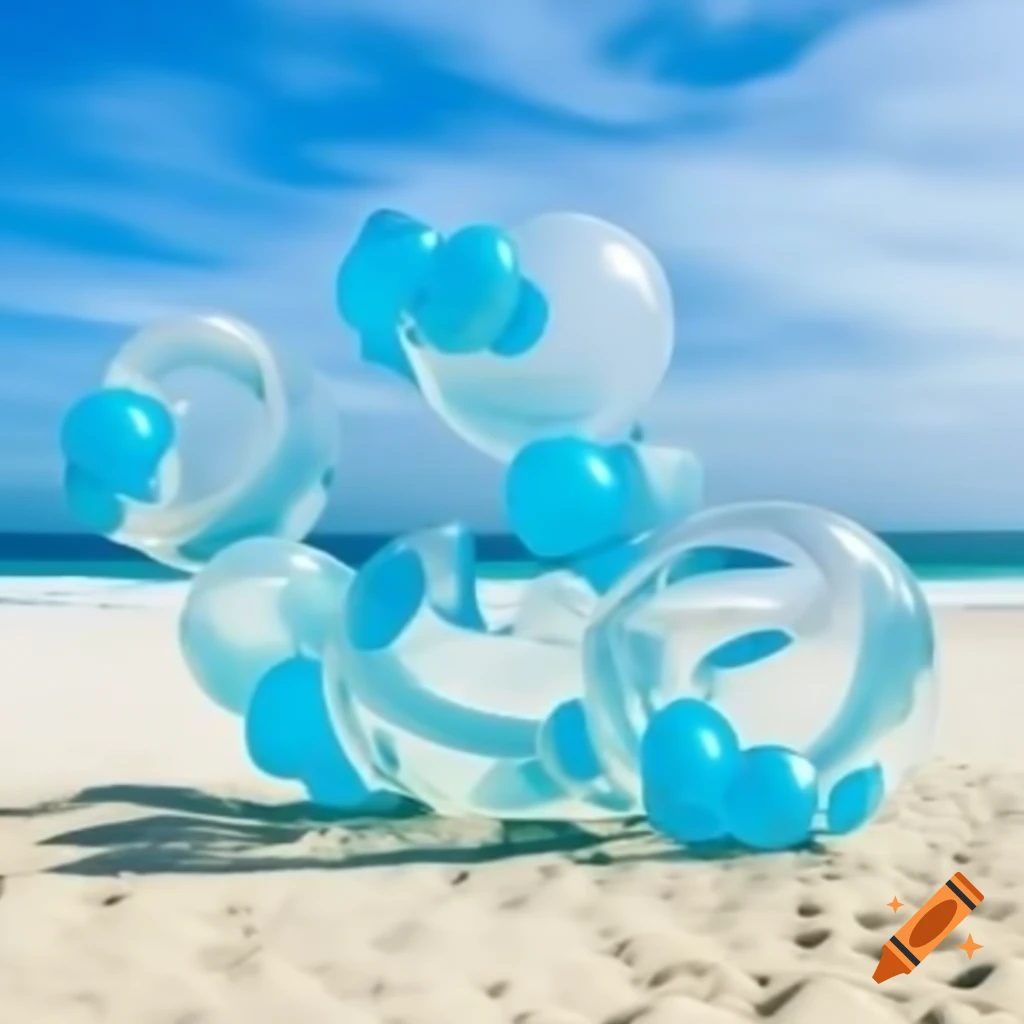 Surreal tsunami of music approaching beach of translucent balloons
