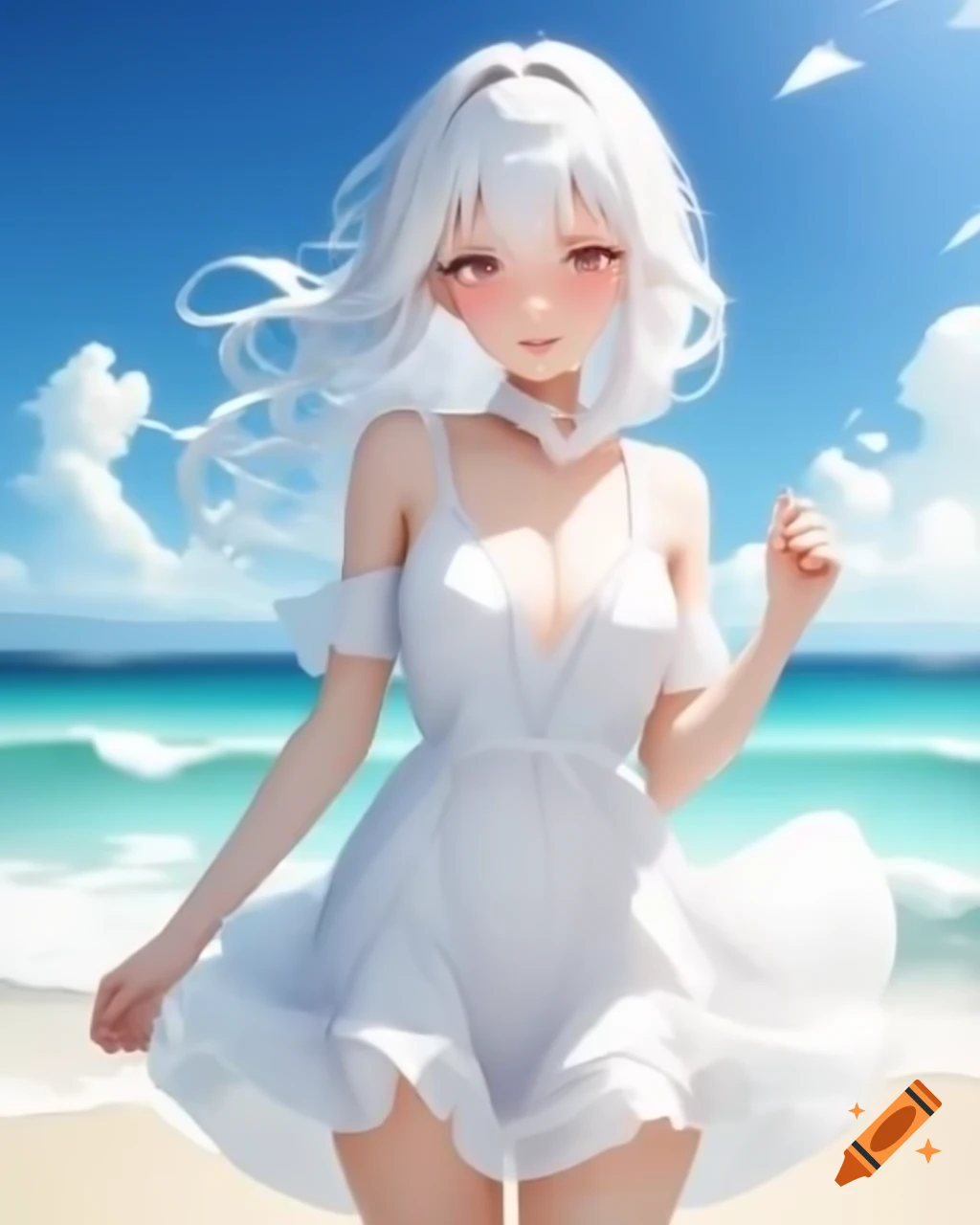 Anime woman with white hair in sundress on a beach, realistic style