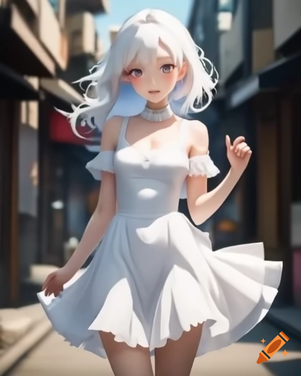 Anime woman with white hair in sundress walking down a street