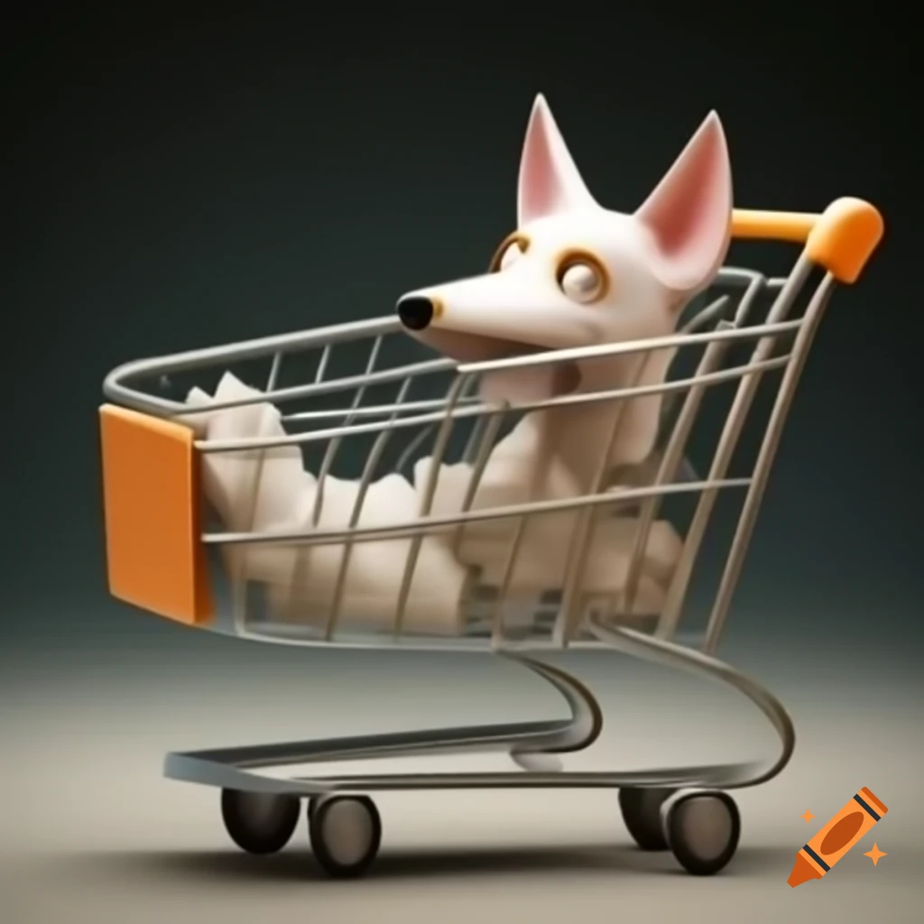 Whimsical sculpture of a dog merging with a shopping cart