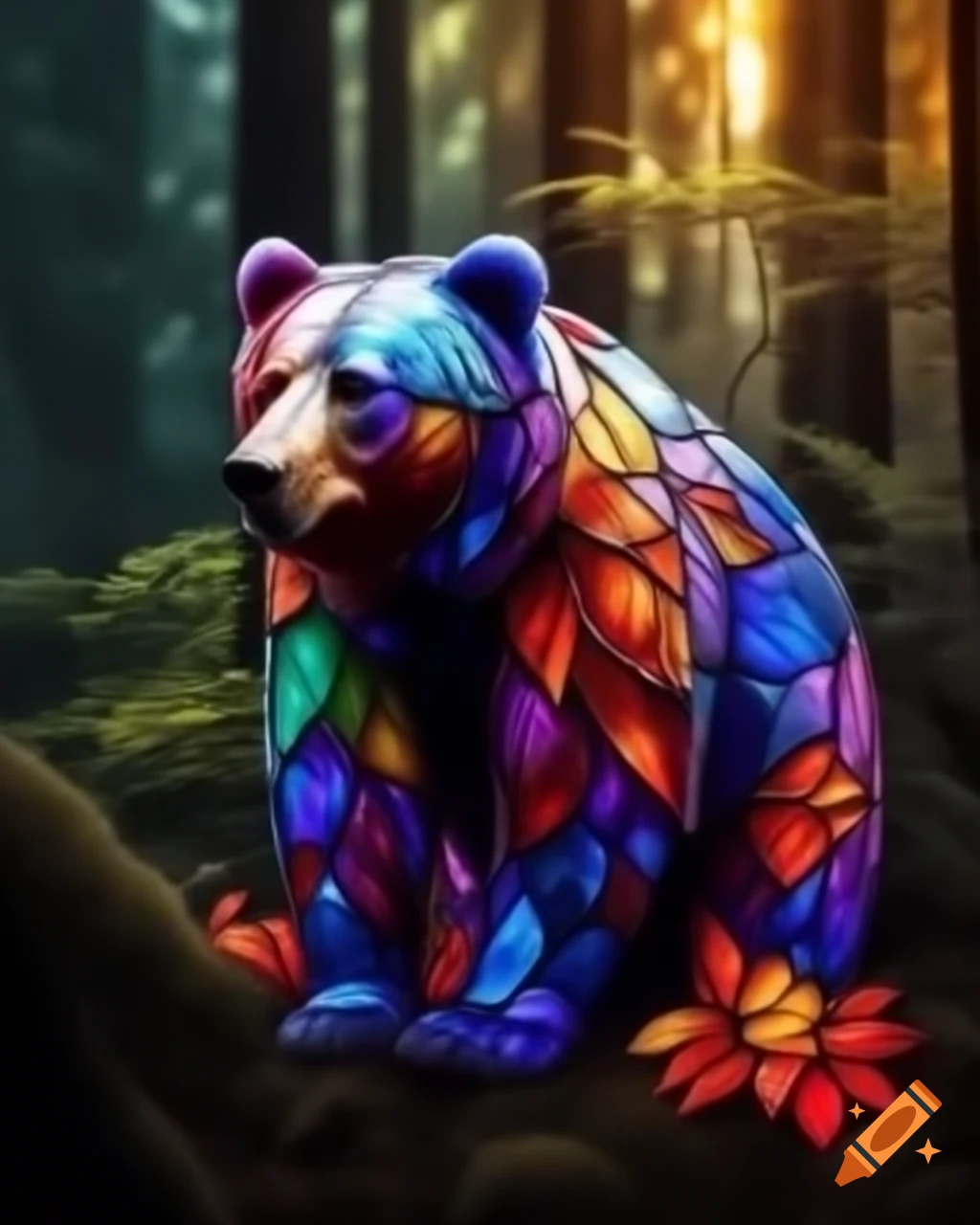 Enchanting forest with stained glass trees and colorful leaves