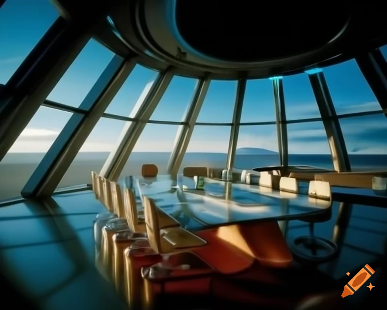 Futuristic asymmetric conference room on spaceship with Icelandic landscape outside