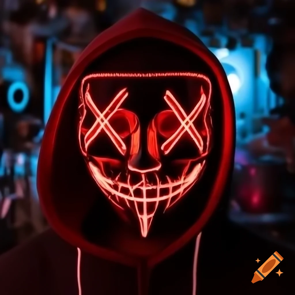 Red LED mask with hood and X-shaped eyes against steampunk background