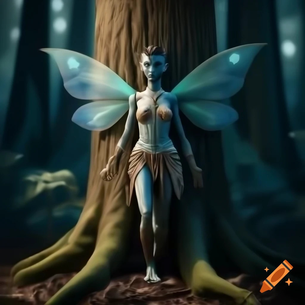 Photorealistic 3D render of a fairy next to a tree in a forest