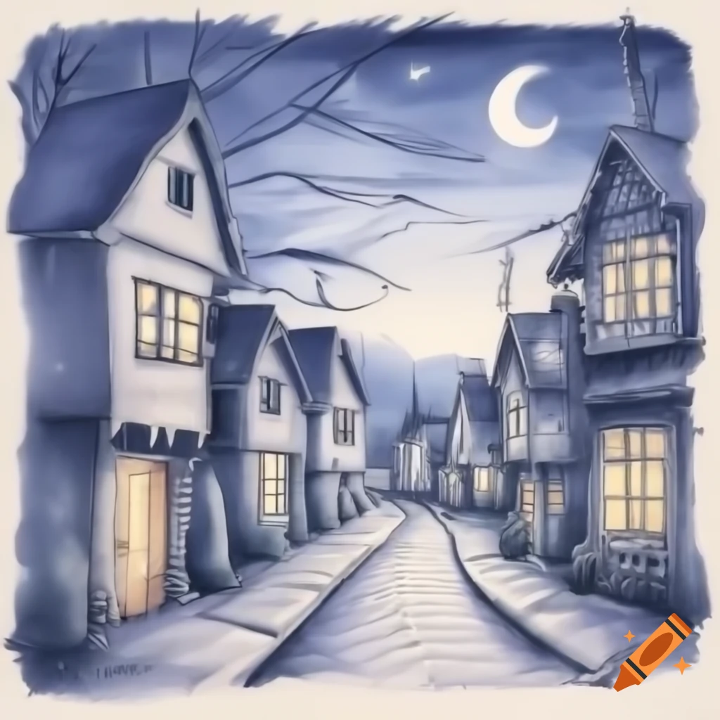 Detailed pencil drawing of serene nighttime village scene with stars and crescent moon