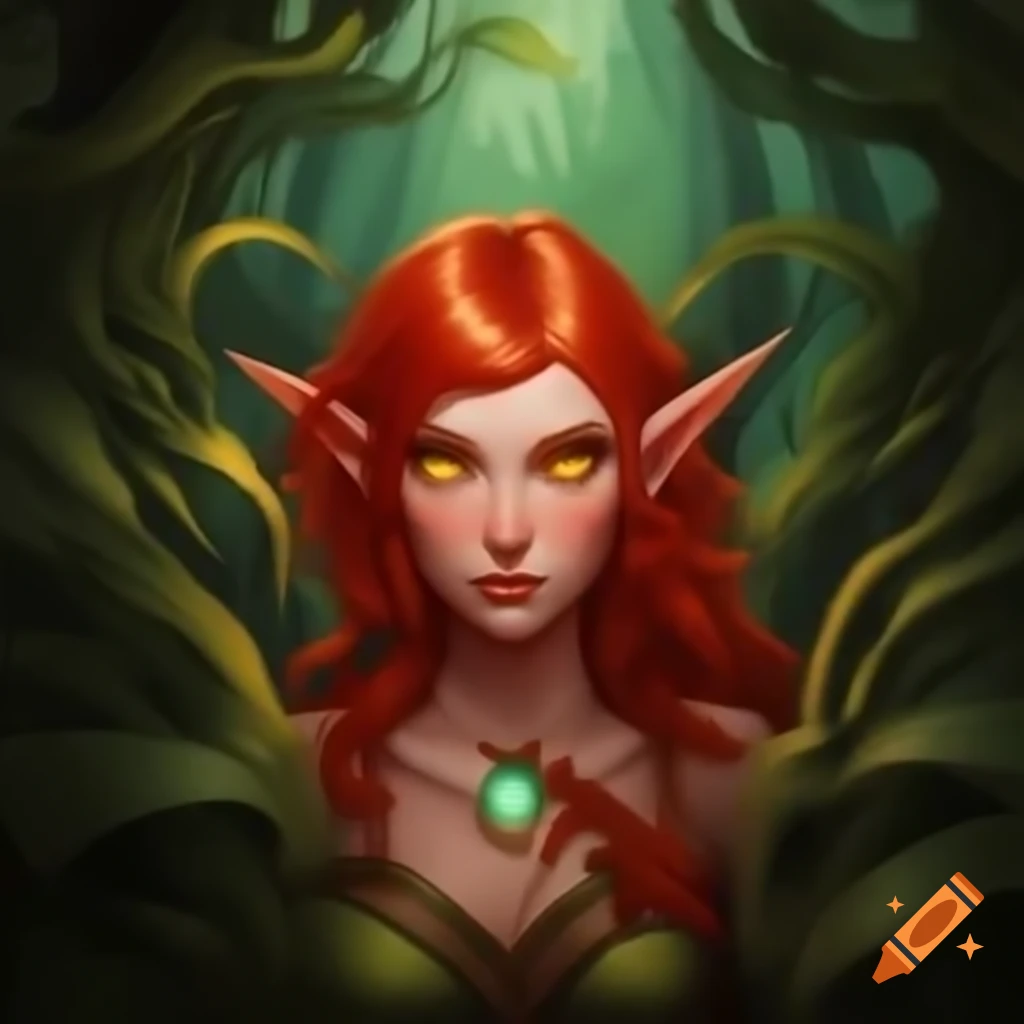 Redhead half elf in verdant forest with glowing arcane energy on craiyon
