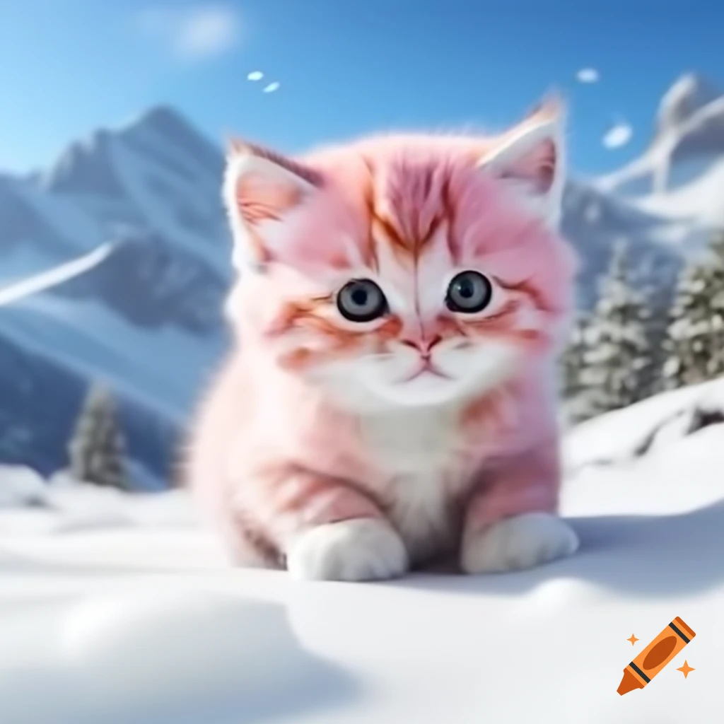 Pink fluffy kitten playing in snow in alpine setting