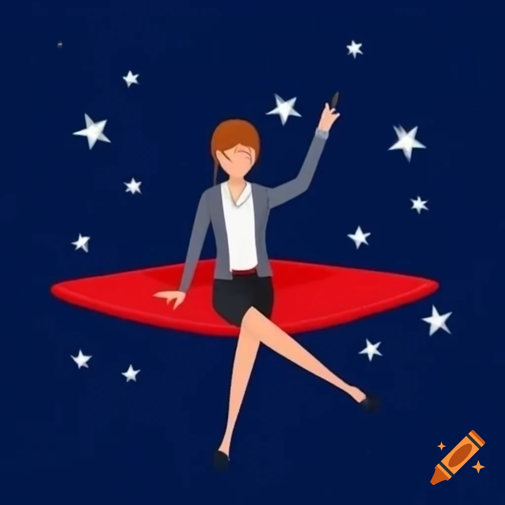 Businesswoman flying on ruby-red carpet above starry night sky