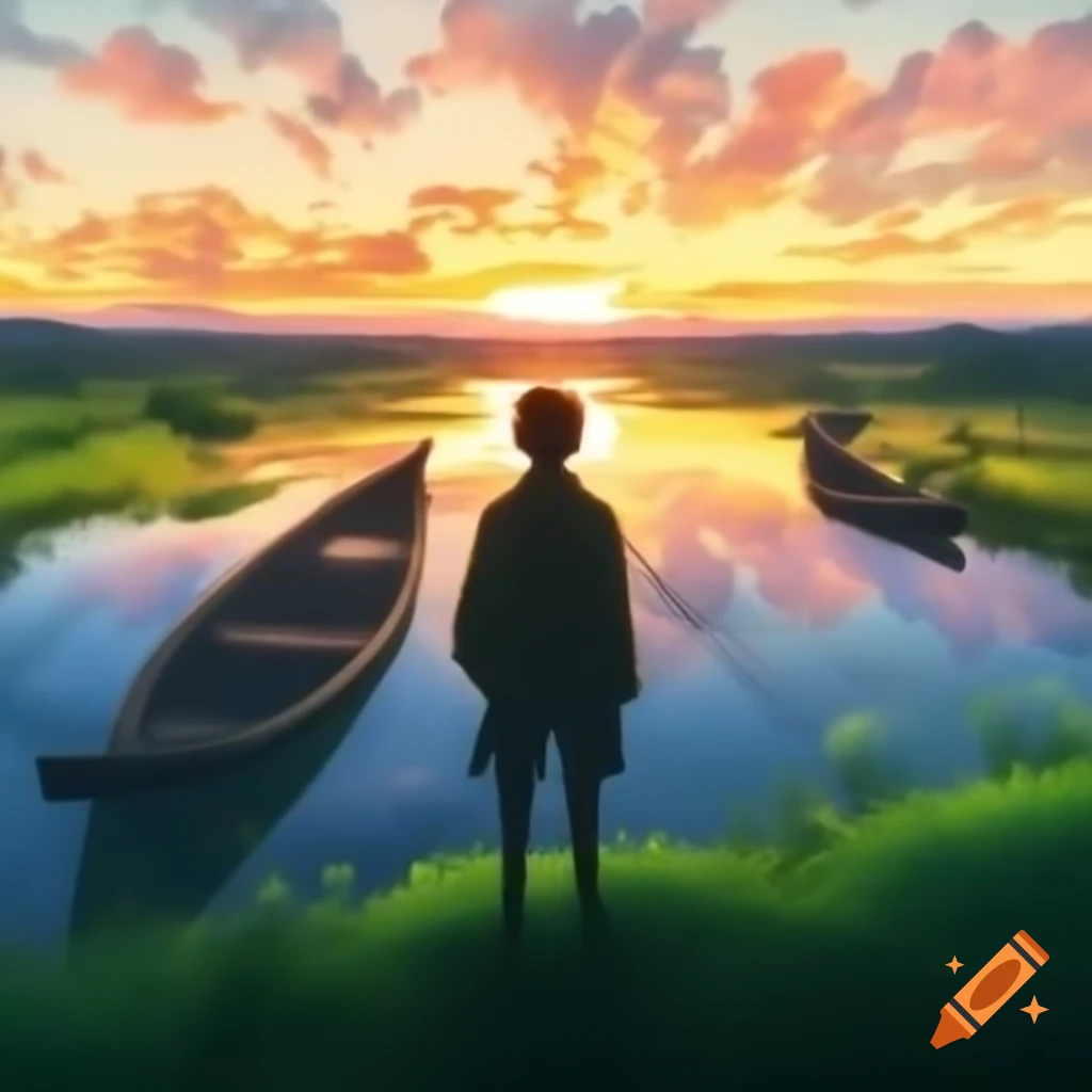 Man admiring sunset view over river with rowboats in the countryside