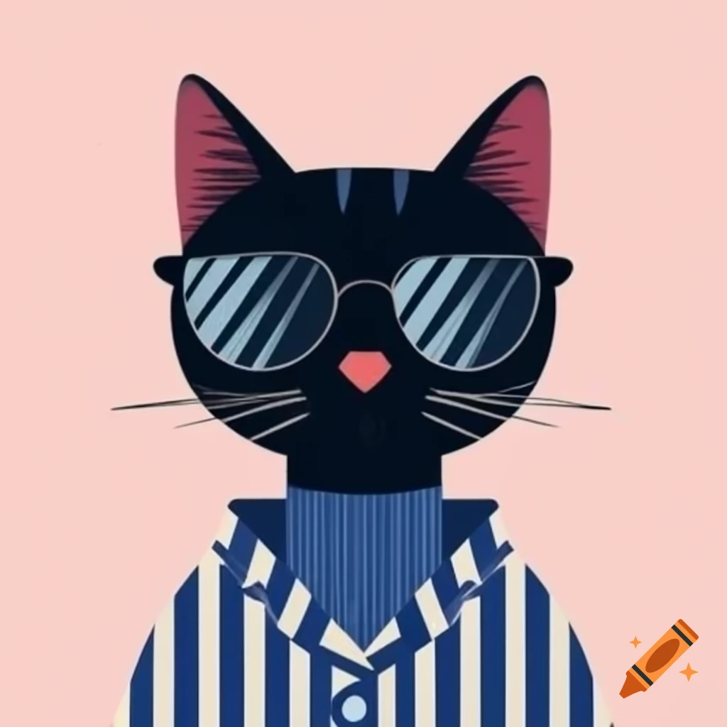 Cartoon art of black cat with pajama stripes and sunglasses