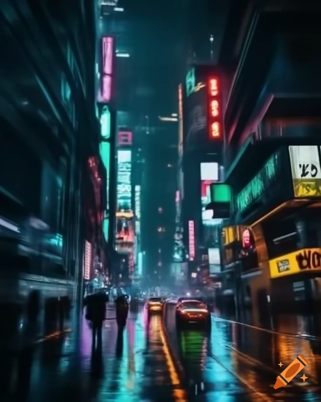 Futuristic cyberpunk avenue at night with green neon lights and futuristic cars
