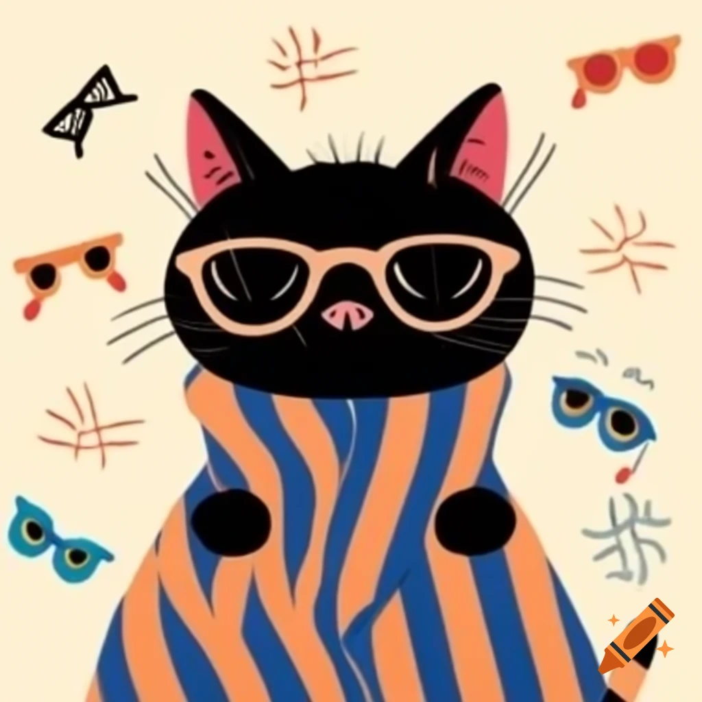 Cartoon art of black cat with pyjama stripes and sunglasses