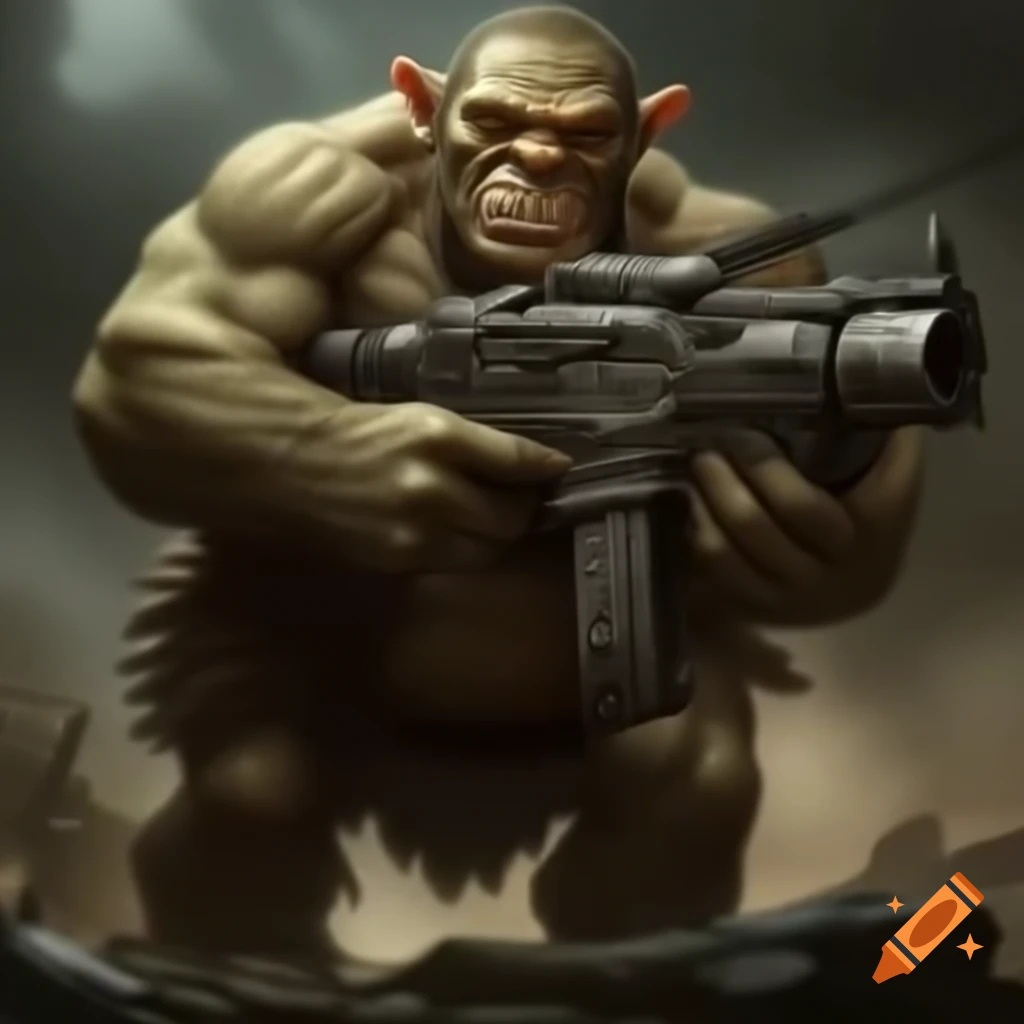 Large ogre armed with machine gun, full body view