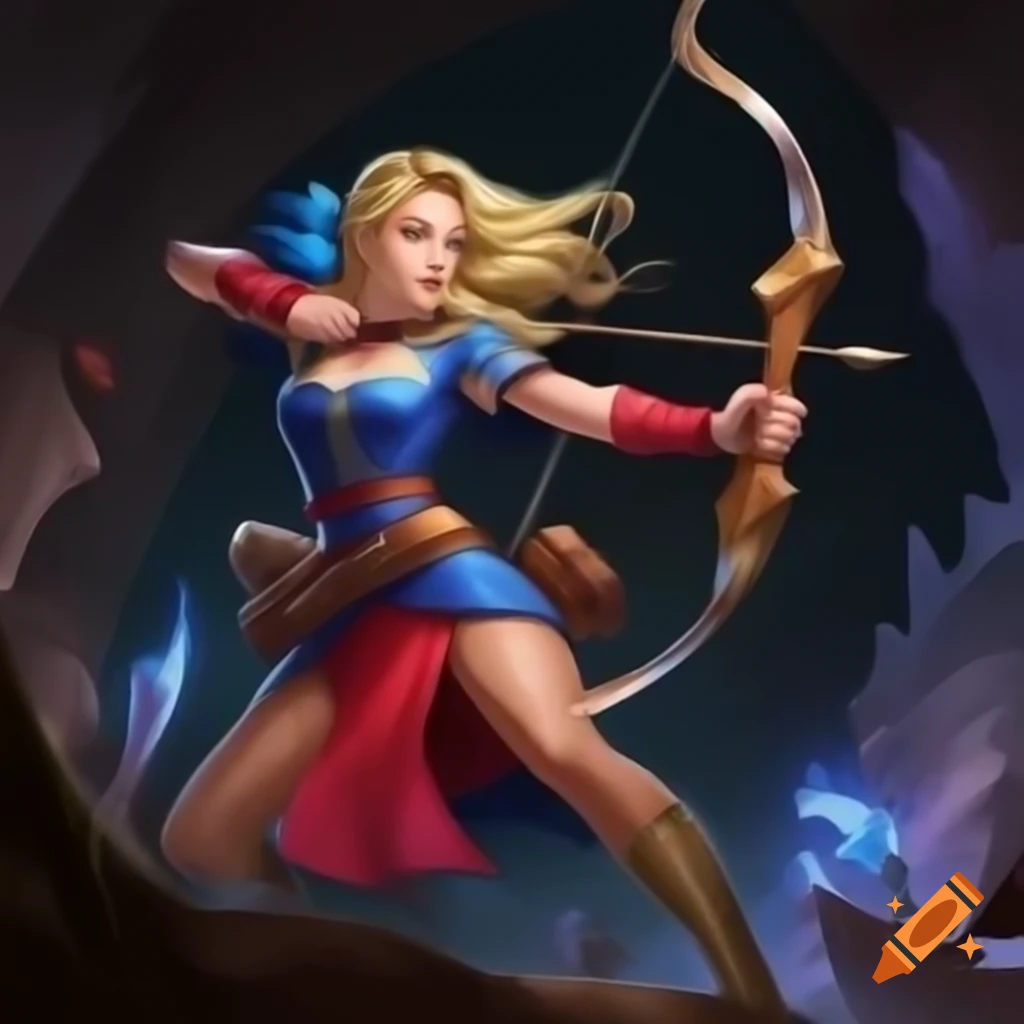 Female archer in blue and red outfit aiming a bow and arrow