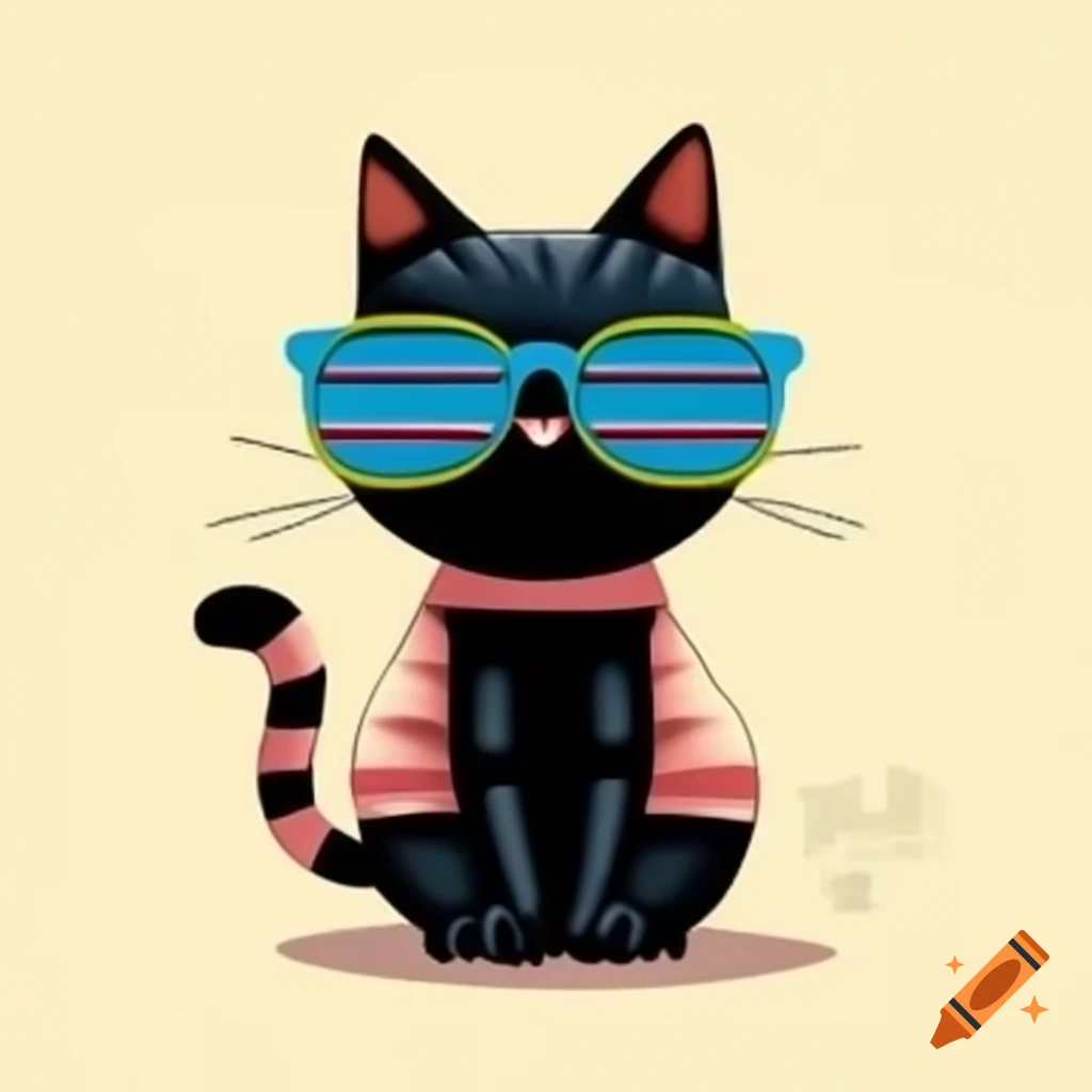 Cartoon art of black cat with pyjama stripes and sunglasses