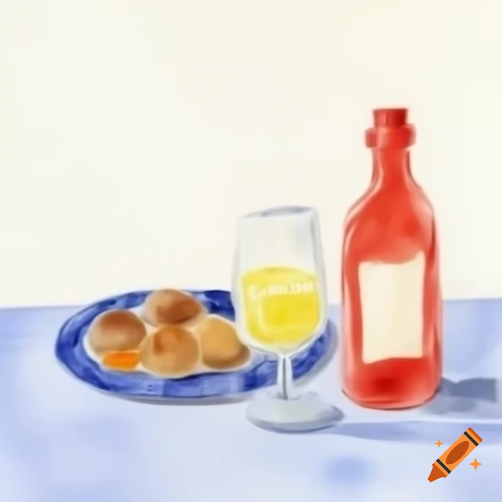Cartoon-style plate of food, glass, and bottle on white background, watercolor