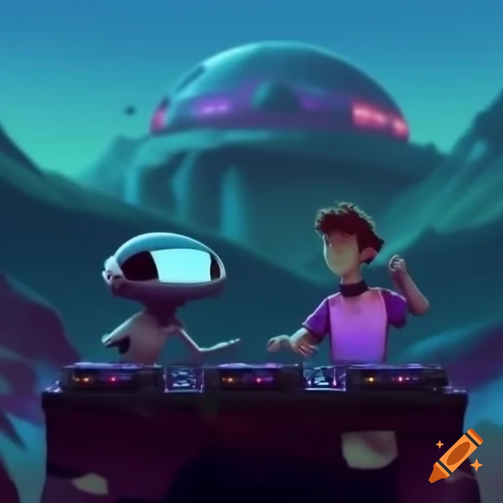 Two DJs performing in alien worlds with Table Mountain in the background