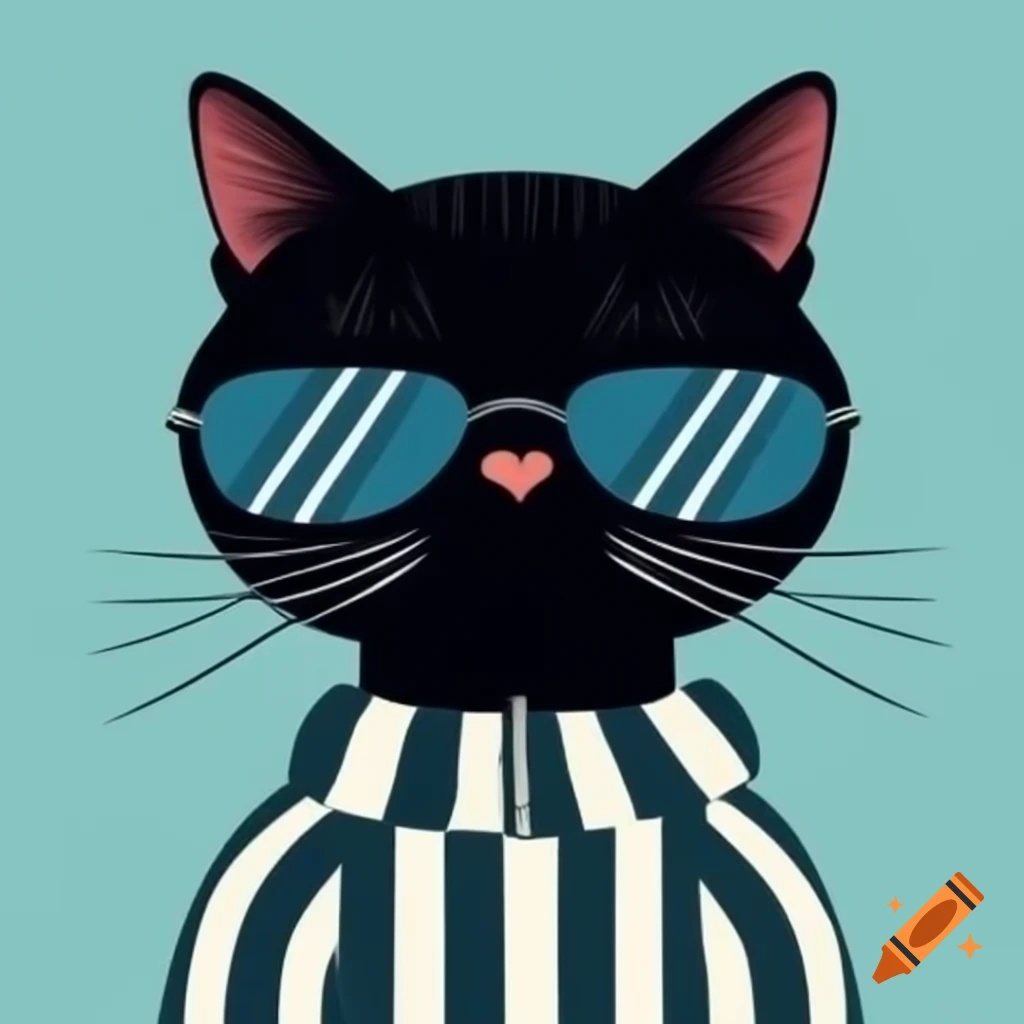 Cartoon art of black cat with pajama stripes and sunglasses