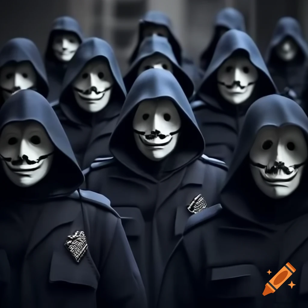 Mysterious group of cloaked figures with white masks