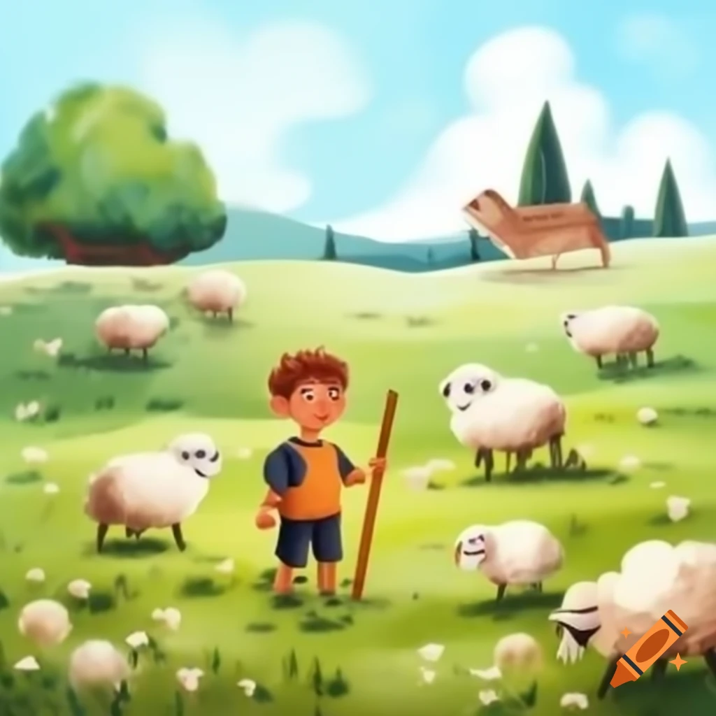 Boy with stick in field with sheep and wolf