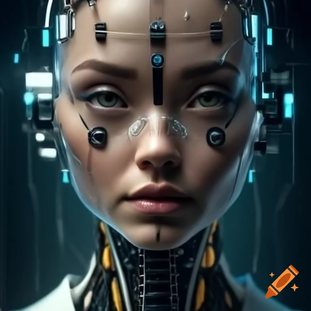 Concept of an AI-generated face representing future technology after 50 years