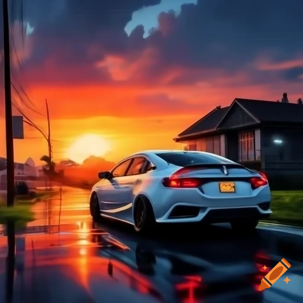 Sunset scene featuring white Honda car in the rain
