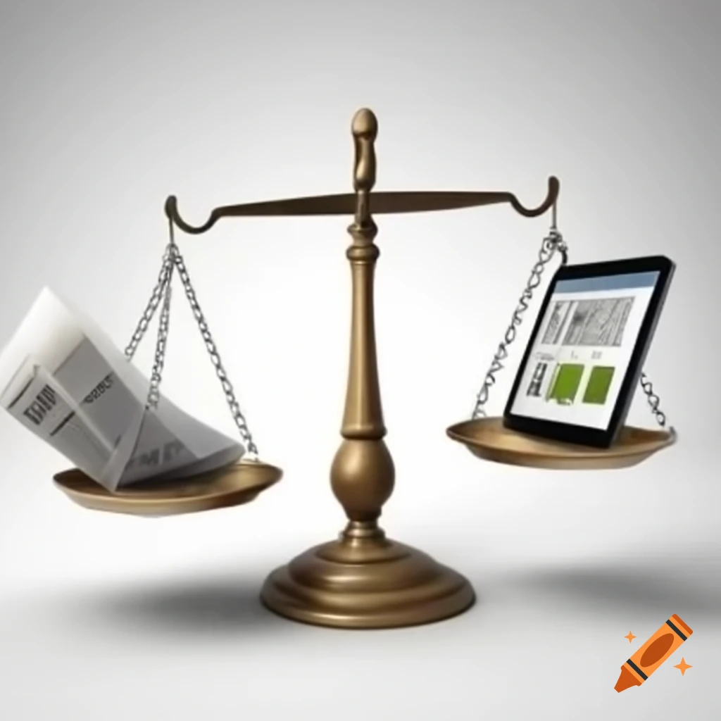 Balanced scale with newspaper and digital tablet
