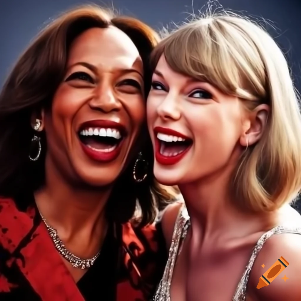 Kamala Harris and Taylor Swift joyfully celebrating in a stunning artistic portrayal