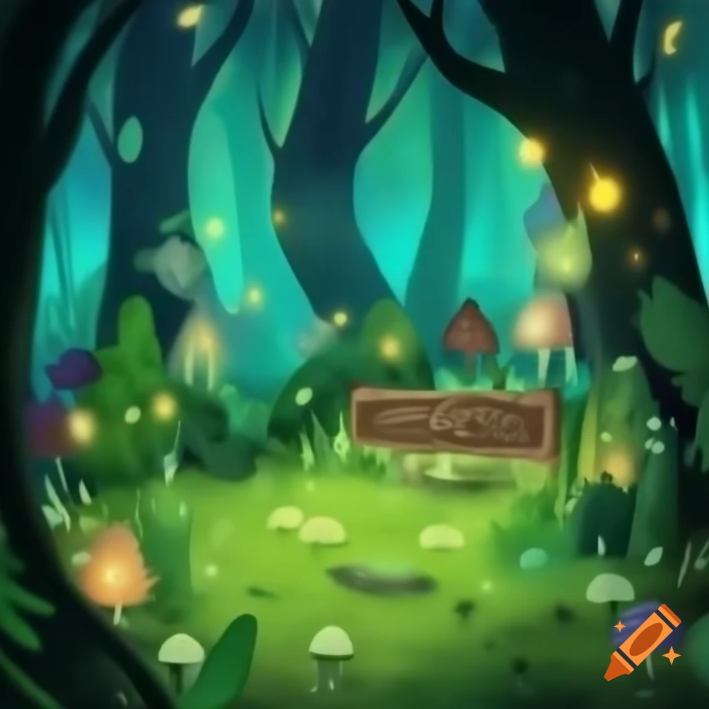 Whimsical forest scene with glowing fairy lights and wooden sign for a party invitation