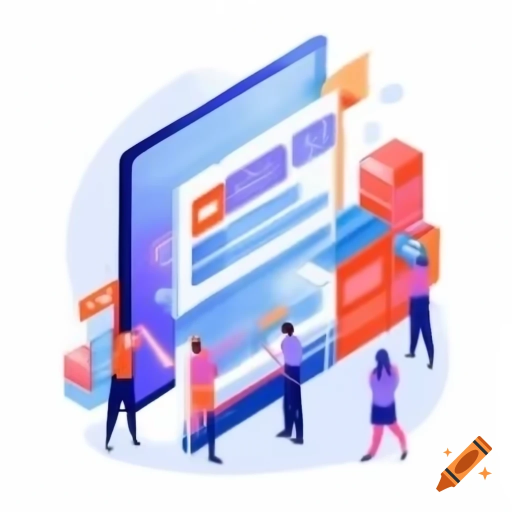 Illustration of website building process with design elements