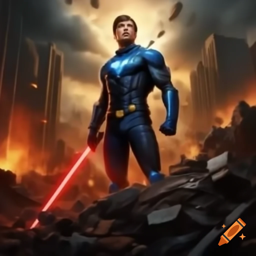 Superhero in costume standing on rubble with red laser beam, action scene