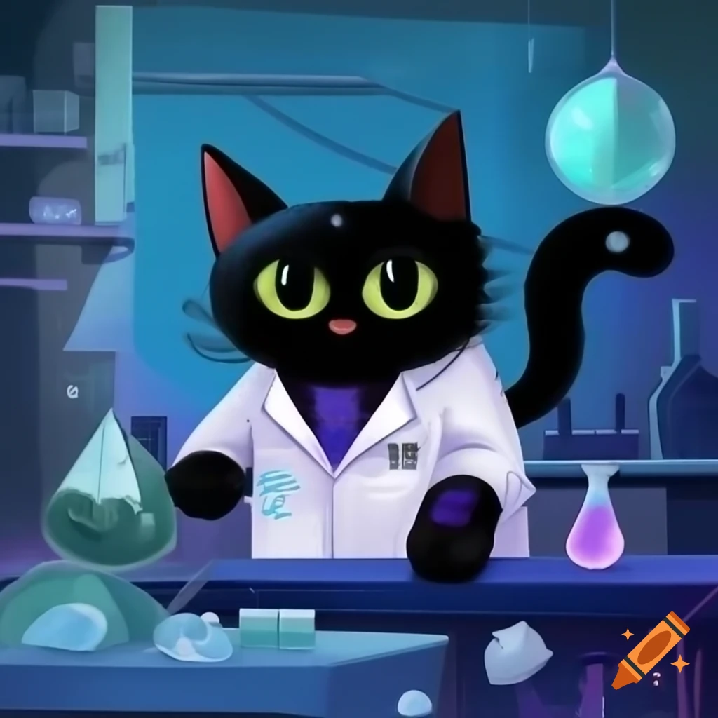 Black cat in lab coat at lab bench with crystals, comic style