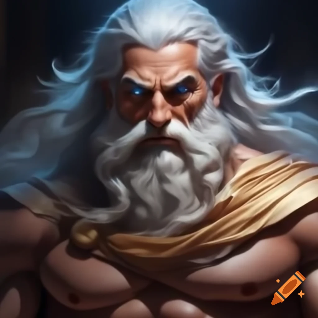 Muscular man with white hair and blue eyes in golden Greek toga