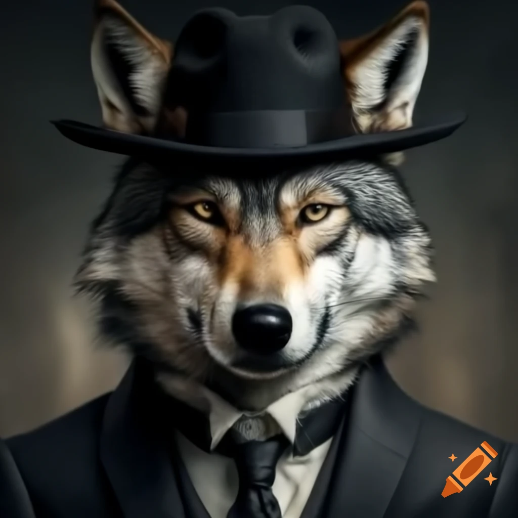 Wolf in a black suit and fedora, stylish character design