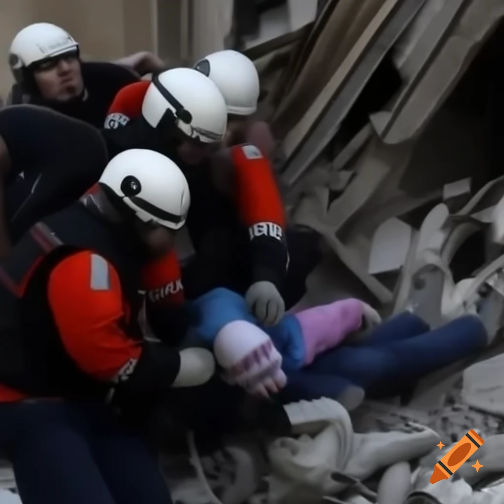 Syrian rescue team rescuing children from rubble after building collapse