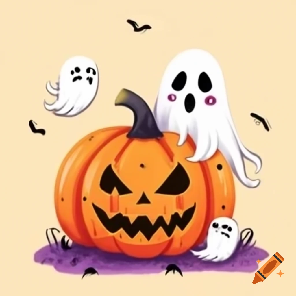 Cozy Halloween drawing featuring pumpkin and ghost in vibrant colors