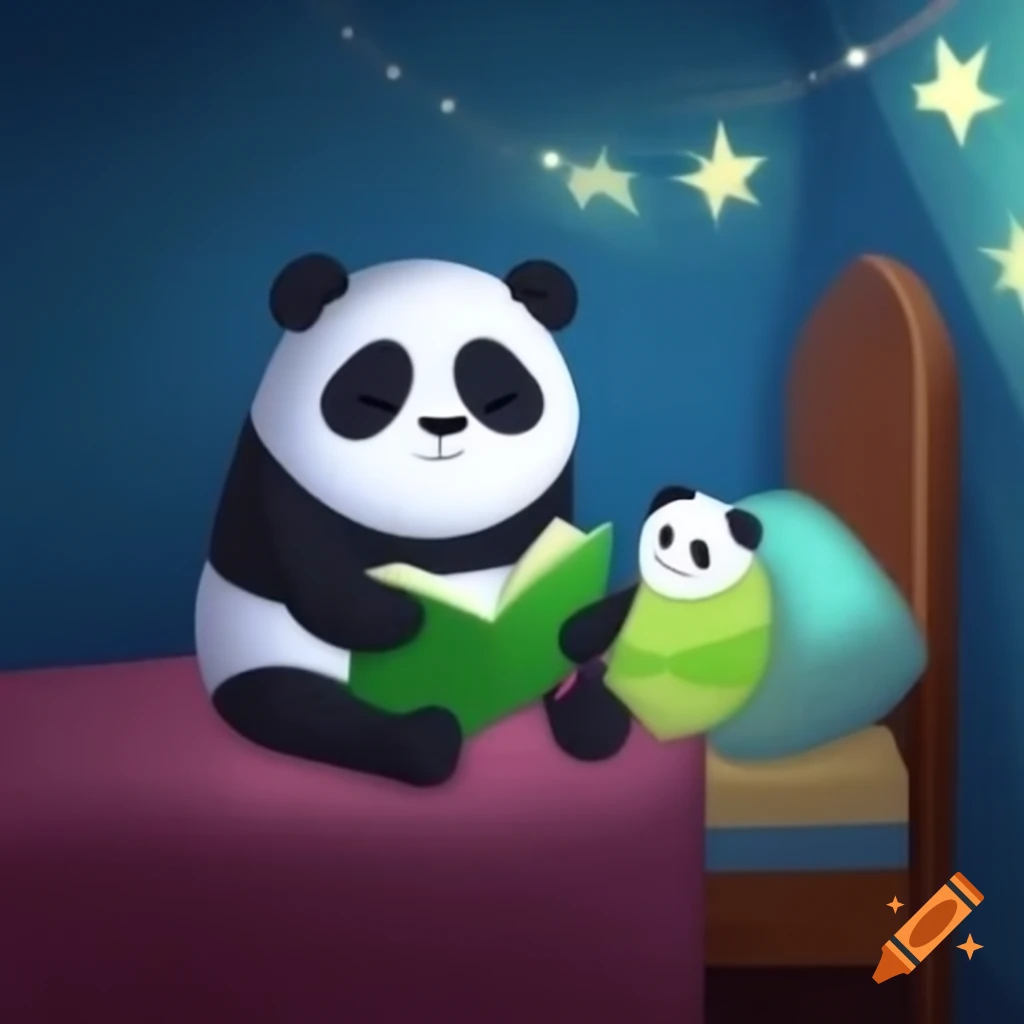 Panda mother reading bedtime story to her child in star-patterned pajamas