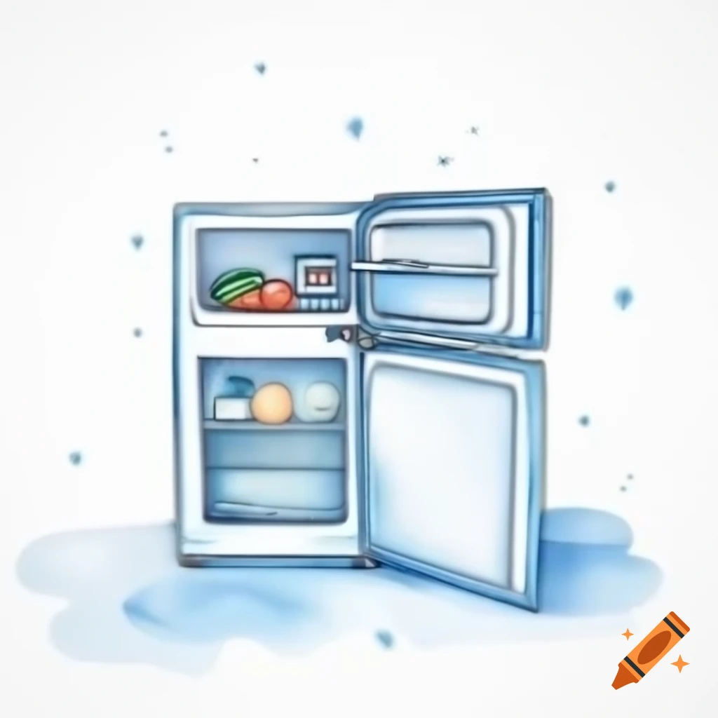 Cartoon-style open fridge on white background, watercolor illustration