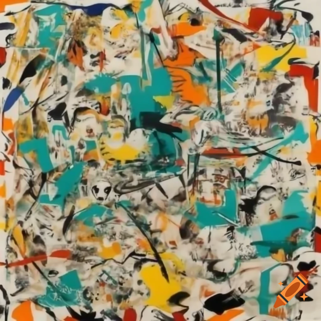 Abstract painting with layered, chaotic composition in comic book art style