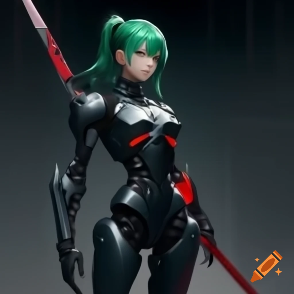 Futuristic anime girl with robotic arms, black bodysuit, and dark green ponytail holding a red high-tech sword