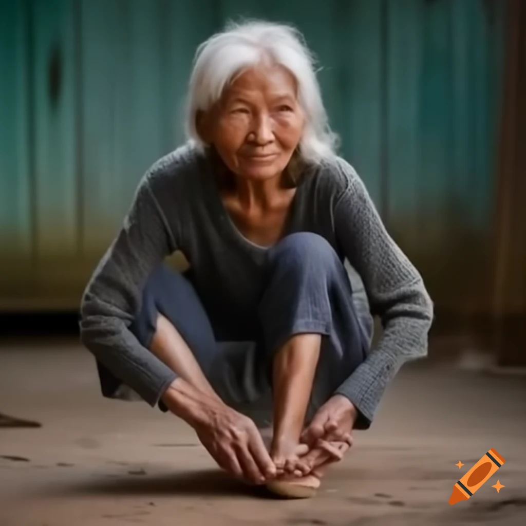Elderly woman walking barefoot
