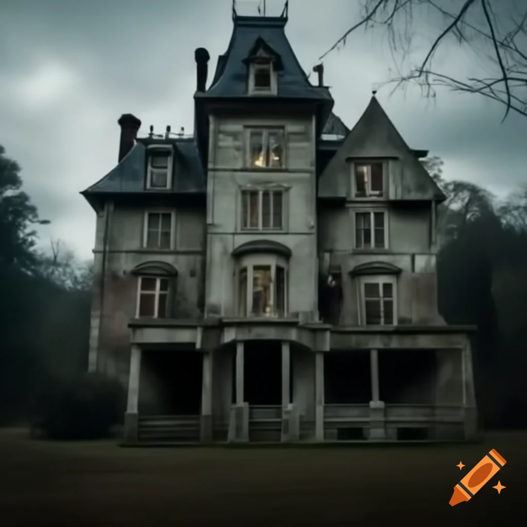 Foreboding mansion with weathered exterior and ominous fissure