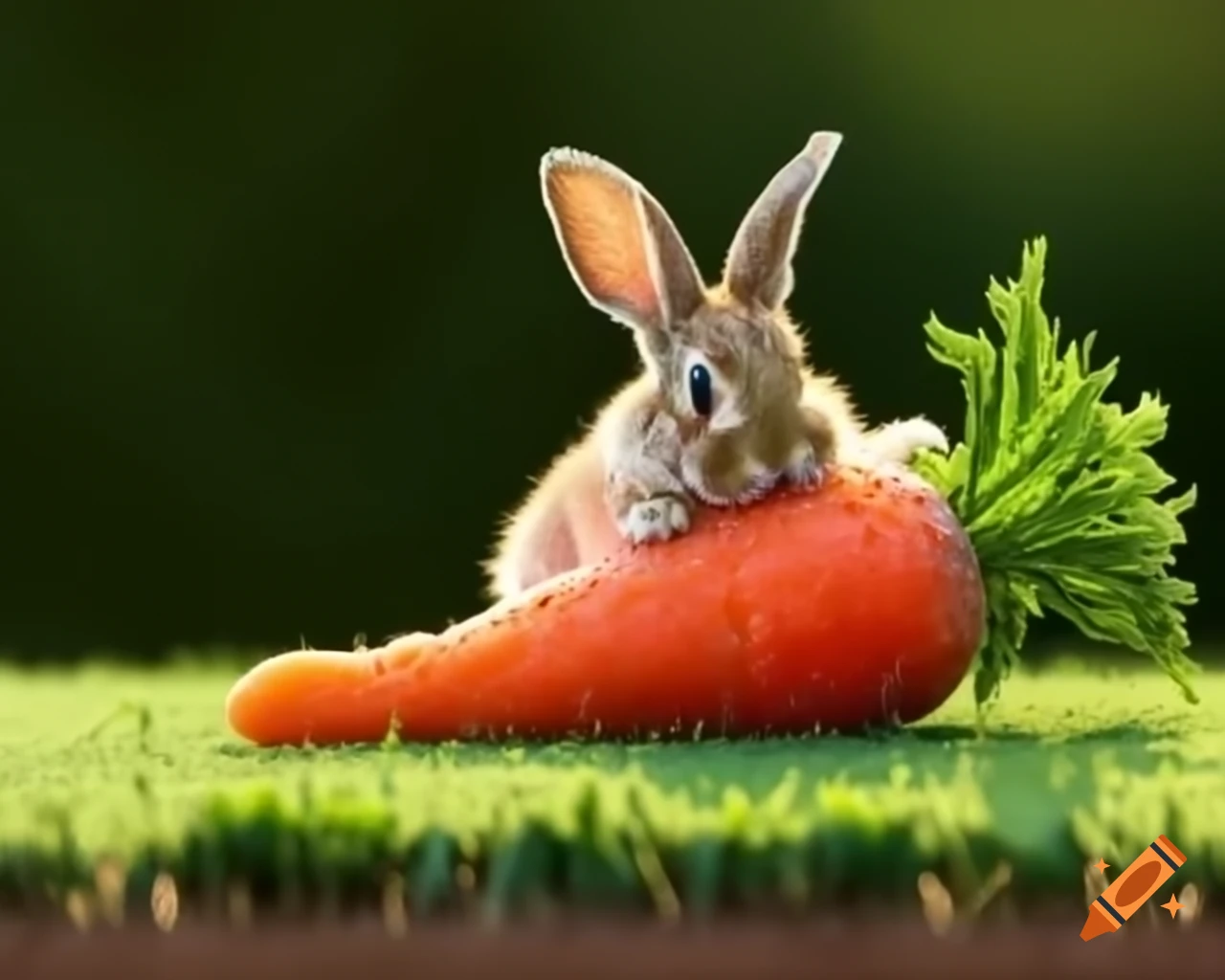 Playful rabbit nibbling on carrot on green grass