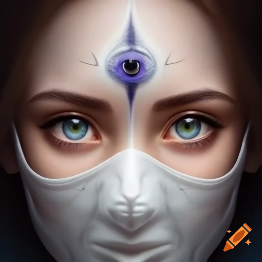 Close-up of human eye iris behind white karnival mask