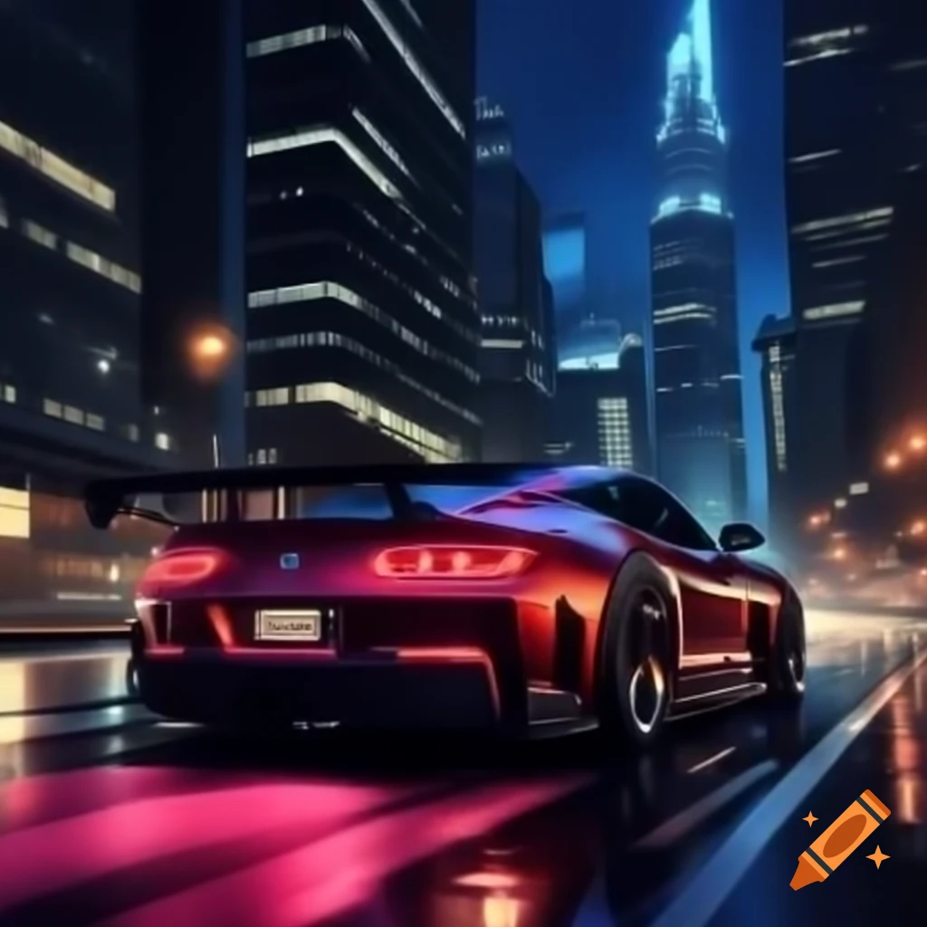 City street at night with red sports car and wet road