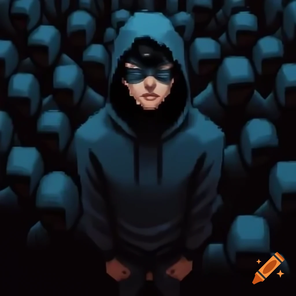 Pixel art of tall young man in dark hoodie surrounded by men